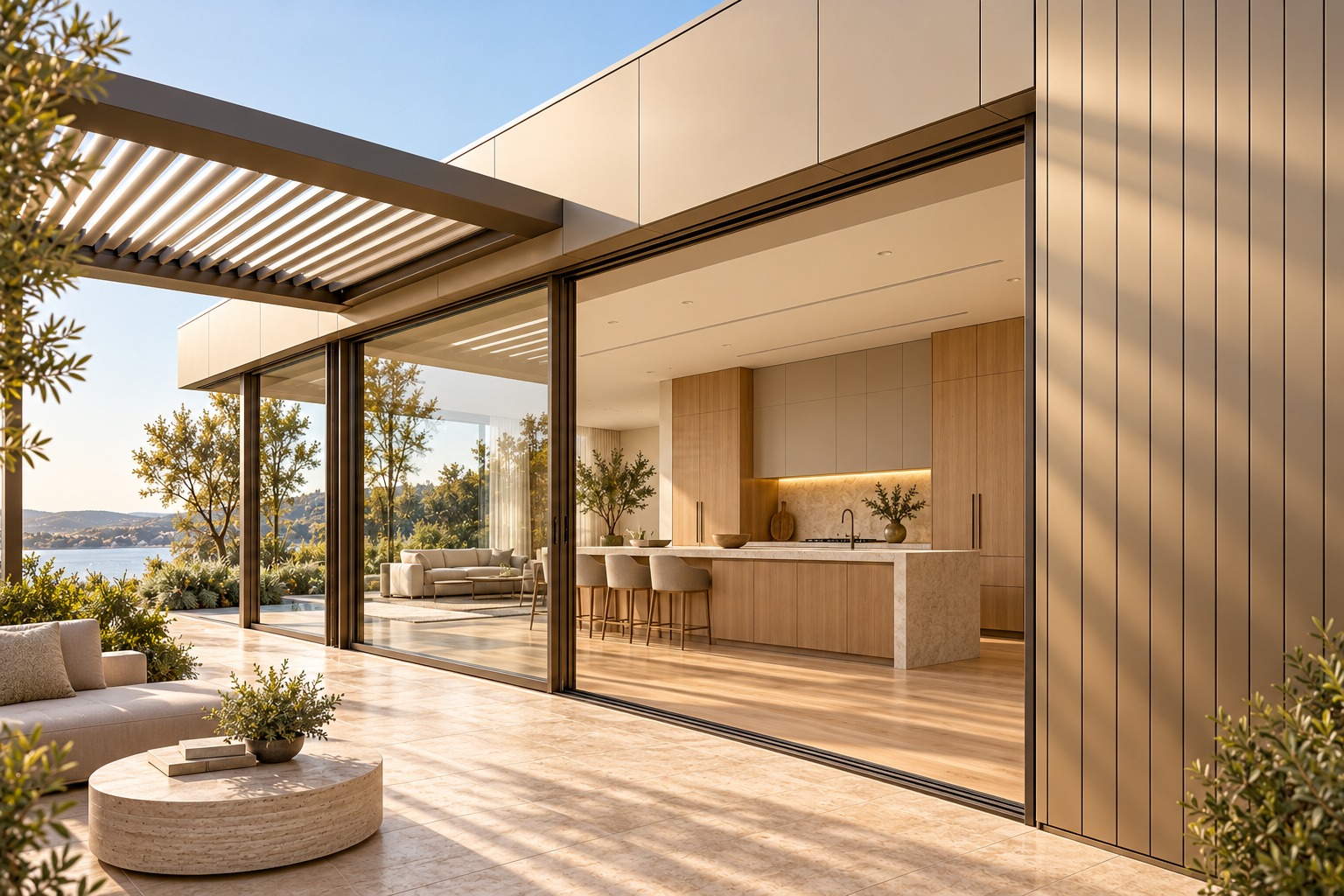 Architectural concept combining aluminium glazing, facade panels, timber flooring, cabinetry and a louvred pergola