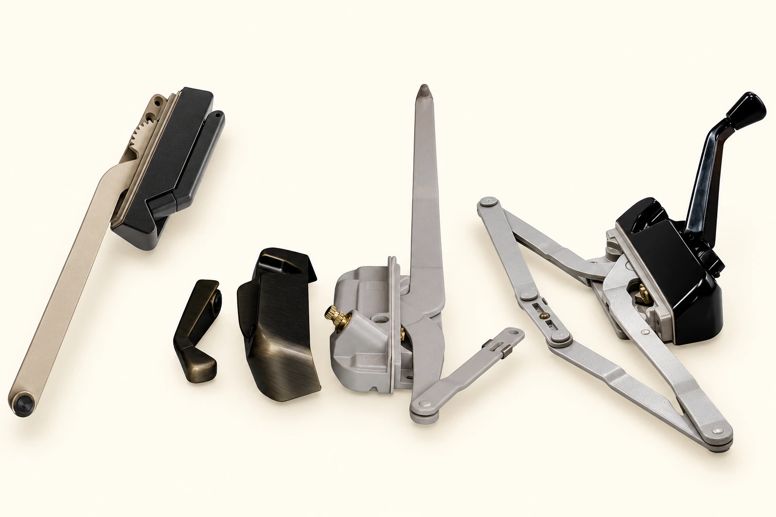 US window hardware: single-arm, dual-arm and awning crank operators